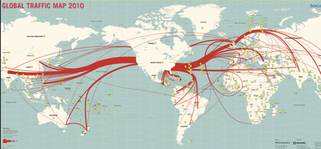 2010 map of global telecommunications traffic